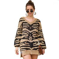 Wholesale Women s Sweaters Womens V Neck Side Split Leopard Print Sweater Oversized Long Sleeve Knitted Pullover Tops QL Sale