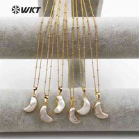 Wholesale WT JN033 Open Moon Shape Freshwater Pearl With Trim Pendant Inch Gold Layer Link Chain Women Vogue Necklace