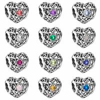 Wholesale Fashion Alloy Hollow Month Signature Heart Birthstone With Crystal Charm Beads Fit Orginal Pandora Bracelet Bangle DIY Jewelry