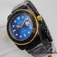 Wholesale Blue PVD Plated Men Wristwatch NH35 Movement Gold Coated Bezel Black Bracelet Sapphire Crystal Wristwatches