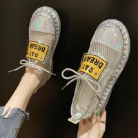 Wholesale Fashion Glitter Silver champagne Closed Toe Mesh Sandals Women Creepers Lace Up Flats Cut out Letters Thicken Non slip Sandalias
