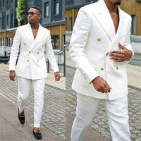 Wholesale Casual Summer Beach Men s Formal White Linen Suits Groom Wear Double Breasted Party Wedding Peaked Lapel Tuxedos Jacket Pants X0608