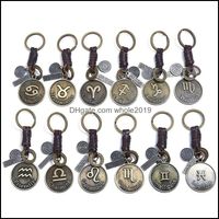 Wholesale Key Rings Jewelry Zodiac Sign Charm Keychains For Men Women Genuine Real Leather Constellations Vintage Gold Color Metal Alloy Keyring Ca