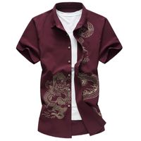 Wholesale Chinese Style Boys Short Sleeve Shirt Printed Dragon Business Casual Wine Red Blue Black Men s Party Wedding Shirts