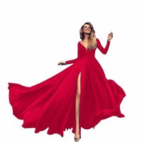 Wholesale Solid High Split Swing Dress Woman V Neck Long Sleeve Wedding Evening Maxi Dresses For Women Sexy Party Club Outfits Summer