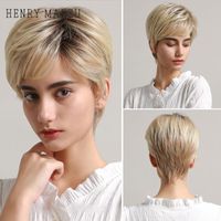 Wholesale Synthetic Wigs HENRY MARGU Short Pixie For Black Women Layered Cut Hair With Bangs Dark Root Blonde Brown Ombre Futura