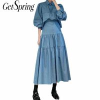 Wholesale GetSpring Women Sets Chic Skirt Retro Denim Shirt High Waist Large Swing Two Piece Top And Spring