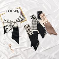 Wholesale Scarves Retro Long Silk Scarf Women s Black Ribbon Shirt Neck Tie Bag Handle Headband Spring And Autumn Double side Print
