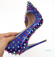 Wholesale Classic rivets ladies pumps luxurious blue dots toes high heels spikes high heels sexy formal dinner women s shoes yards