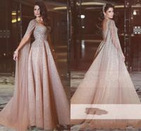 Wholesale Discount Luxury A Line Evening Dresses Tulle with Wraps Beadings Sequined Floor Length Formal Prom Gowns Special Occasion Party Dress robes de soirée