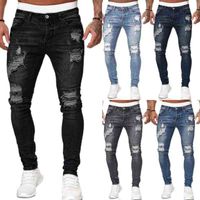 Wholesale Men s Jeans Ripped Skinny Hole Trousers Stretch Slim Denim Pants Large Size Hip Hop Black Blue Casual Jogging Jeans for Men