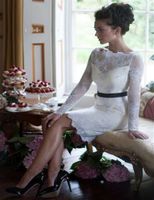 Wholesale New Charming White and Black Short Sheath Wedding Gown Long Sleeve Bateau Neck Black Belt Lace Bridal Dress Custom Made