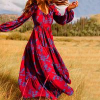Wholesale Ethnic Clothing Elegant Women Dress Bohemian Style Chiffon Long Sleeve Deep V Neck Party Autumn Vintage Winter Dresses
