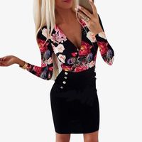 Wholesale Sale Women Sexy Floral Contrast V Neck Bodycon Dress Female Fashion Long Sleeve Knee Length Ladies Printed Slim D30 Casual Dresses1