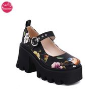 Wholesale Dress Shoes Women Casual Floral Printed Lolita Cosplay Fashion Big Size Chunky High Heels Mary Janes Sweet Pumps Black Gothic Style