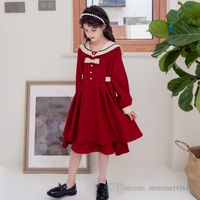 Wholesale Girls christmas party dresses kids lace hollow lapel Bows belt red princess dress mother and daughter matching outfits Q2293
