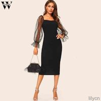 Wholesale Glamorous Black Hollow Out Sheer Mesh Sleeve Plain Slim Dress Women Casual Summer Puff Dresses