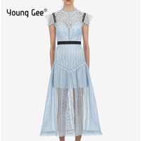 Wholesale Casual Dresses Young Gee Fashion Designer Runway Summer Women Blue Abstract Triangle Lace Midi Party Elegant Mid Calf Dress Robe Femme
