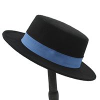 Wholesale Stingy Brim Hats Wool Flat Homburg Fedora Hat Women Men Winter Autum Wide Jazz Boater Pork Pie Top Caps Blue Ribbon