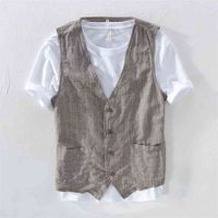Wholesale Mans Vintage Linen Suit Vest Slim Material linen cotton Male Casual Striped thin Waistcoat Asian Size M XL