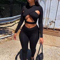 Wholesale Women s Two Piece Pants Cute Solid Sets Women Outfits Sexy Hollow Out Criss Cross Tops Stretch Skinny Pant Suit Casual Slim Lady Streetwear