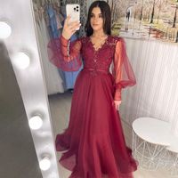 Wholesale Dresses Party Evening Deep V Neck Long Puff Sleeve A Line Beaded For Burgundy Tulle Prom Gowns
