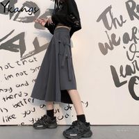 Wholesale Gothic Black Grey Loose Midi Long Skirt Korean Women Harajuku Cargo Pocket Ring Belt Ribbon Punk High Waist Streetwear School