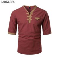 Wholesale Patchwork Linen Mens Tshirt Fashion V neck T Shirts for Men Casual Slim Fit Vintage Men T Shirts with Pocket Men Top Tee
