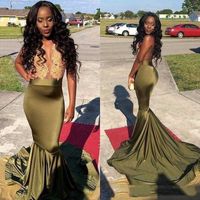Wholesale 2022 Sexy Long Prom Dresses Deep V neck Sleeveless Lace Top Stretch Satin Floor Length Black Girl Mermaid African Evening Dresses