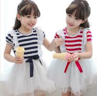 Wholesale 2018 New Arrival Girl Dress Of Summer Short Sleeve Children Clothing Korean Stripe Layer Gauze Lace Baby Kids Tutu Dresses Retail TR46