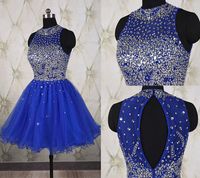 Wholesale Royal Blue Formal Prom Dress Pleated Mini Evening Gowns Short Evening Dresses With Beaded Sequins Crew Collar Knee Length Dress