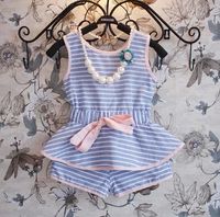 Wholesale Summer children outfits sets lady style stripe kids two piece set Pure and fresh wathet blue girls clothing sets fit age ab1716