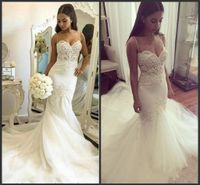 Wholesale 2020 Cheap Sexy Plus Size Mermaid Wedding Dresses Spaghetti Straps Lace Appliques Pearls Illusion Tulle Long Court Train Formal Bridal Gowns