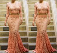 Wholesale Coral Lace Prom Dresses Mermaid Two Pieces Prom Gowns Long Sleeves mermaid Summer Formal Party Gowns