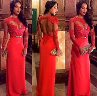 Wholesale Hot Sales Evening Gowns Backless Crew Neckline Floor Length Long Lace Sleeve Red Chiffon Prom Dresses High Quality Custom Made E005