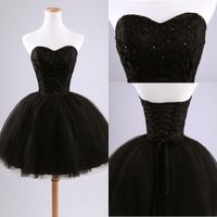 Wholesale Black Puffy Real Image Short Cute Prom Dresses Sweetheart Neck Backless Applique Tulle Sleeveless Elegant Prom Dresses Gowns Party