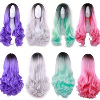 Wholesale Multicolor Women Long Wave Synthetic Dyed Wig Ladies Black Purple Pink Gray Gradient Heat Resistant Cosplay Wigs Ombre Color Wavy Hair Caps