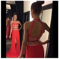 Wholesale Red Two Pieces Long Prom Dresses Crystal Beaded High Neck Open Back A line Side Split Chiffon Sweep Train Party Gowns