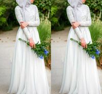 Wholesale Muslim Wedding Dresses With Hijab Simple Pure White Beaded C rystals High Neckline Long Sleeve Chiffon Islamic Wedding Dress