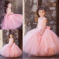 Wholesale Sweet Coral Ball Gown Girls Pageant Dresses Square Tulle FlowerGirl Dresses Princess Handmade Flower Girls Pageant Gowns Kids Wedding Dresse
