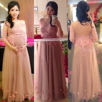 Wholesale Latest Style Tulle A Line Evening Dresses With Appliques Long Sleeves New Party Pregnant Gowns W4332 Sheer Removable Sash Stunning