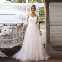 Wholesale Beautiful Beaded V Back Wedding Dress Half Sleeve Appliques A Line Tulle Gowns Court Train Bridal Dresses