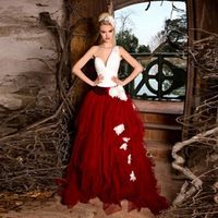 Wholesale Unique Red and White Wedding Dresses Asymmetrical One Shoulder Ruched Two Tone Bridal Gowns Hand Made Flowers Sweep Train Custom Made