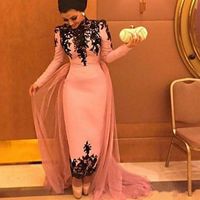 Wholesale 2020 Pink Muslim Style Mermaid Evening Dresses High Neck Black Lace Appliques Long Sleeves Ankle Length Overskirts Formal Party Prom Gowns