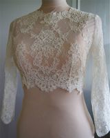 Wholesale Hot Cheap Bridal Wraps Modest Alencon Lace Crystals Long Sleeves Wedding Bridal Bolero Wedding Dresses Custom Made Sheer Lace Applique