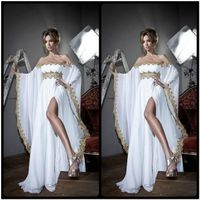 Wholesale Arabic Style Long Sleeves Gold Lace and White Appliques Chiffon Abaya Kaftan Evening Prom Dresses With High Split Slit Party Dresses