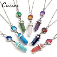 Wholesale Fashion Natural Stone Pendants Necklaces For Women Silver Color Mermaid Scales Fish Scale Hexagonal Column Choker Necklace Jewelry New