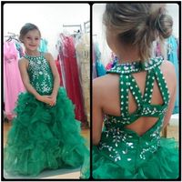 Wholesale New Modest Green Organza Ruffles Beaded Girls Pageant Dress Flower Girl Dresses First Communion Dresses