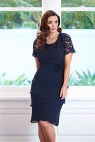 Wholesale Elegant Sheath Knee Length tiered Chiffon Dark Blue Short Lace Mother Of The Bridal Dress With Short Sleeve