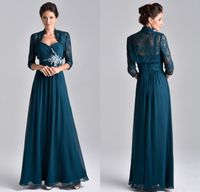 Wholesale Plus Size Teal Blue Chiffon Mother Of The Bride Dress Long Sleeve With Lace Jacket Crystal Beaded Mother Evening Gowns